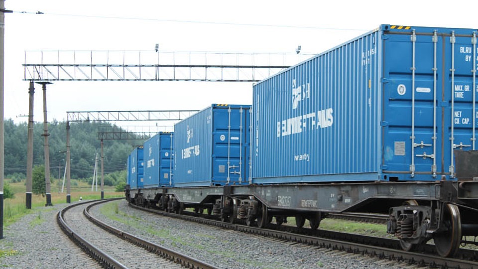Freight train carrying containers in Belarus