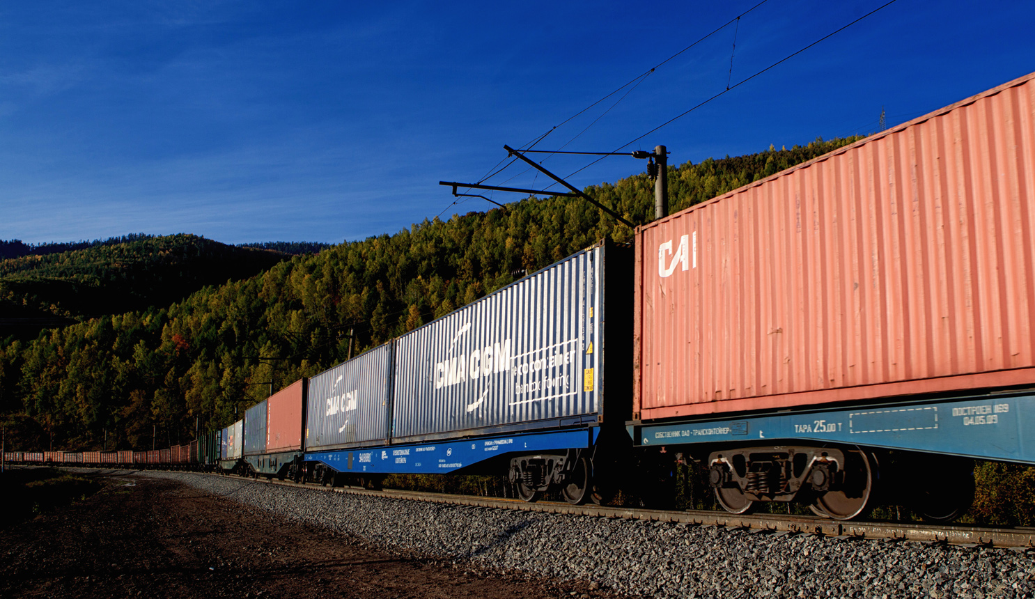 Container train moving along a railway corridor